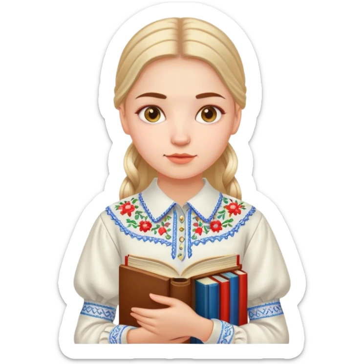A Ukrainian girl in an embroidered shirt holds many books sticker