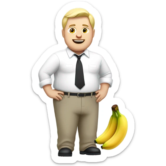 Fat blonde man in white dress shirt and dress pants with banana in each hand sticker