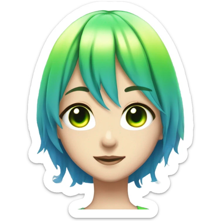 A anime girl with green glowing eyes and rainbow hair and a beautiful blue dress sticker