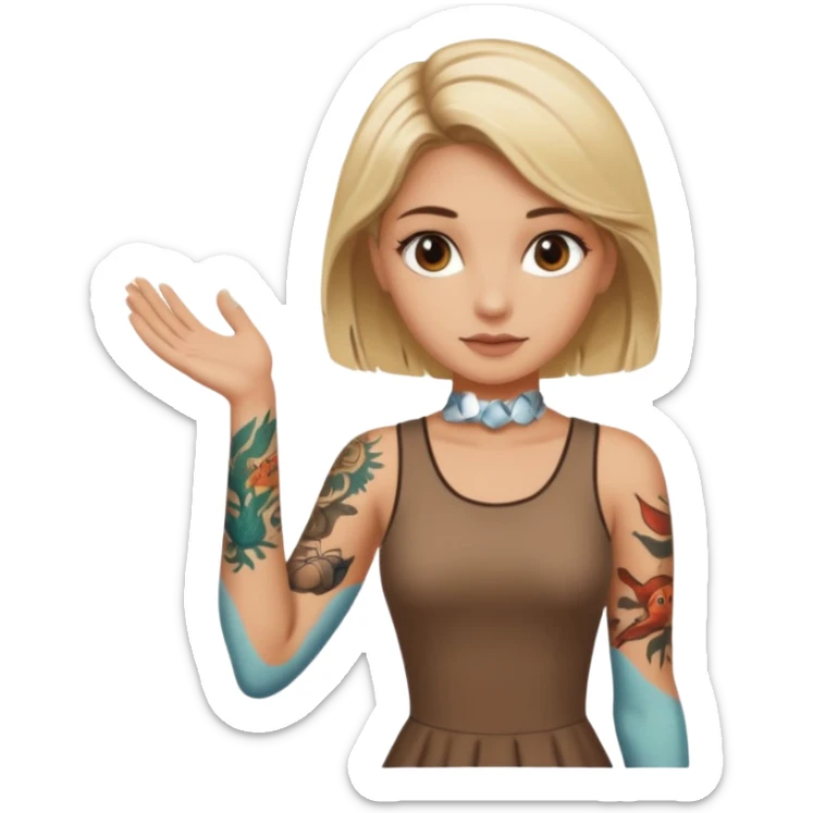 Blonde white girl with dark roots, sunkissed tan, and marine life tattoos on one arm wearing brown dress. Brown eyes sticker