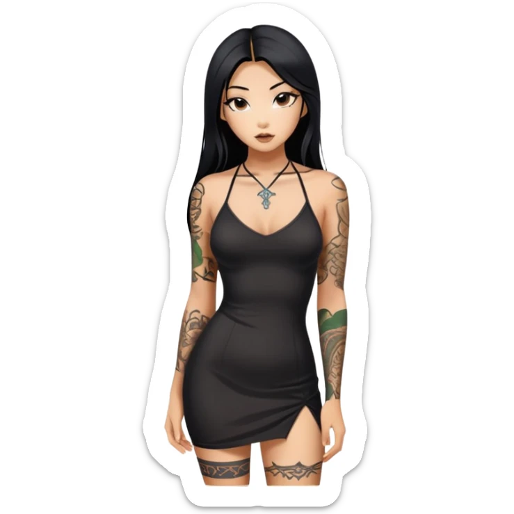 Beautiful and fit Asian girl with long black hair and body tattoos sexy pose in sexy mini black dress sfw sticker
