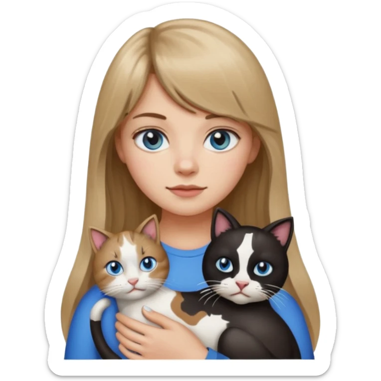 Apple-style emoji sticker of a young woman with long dark blond hair and bang, blue eyes , holding a cat black and white like a cow patch on her chest.  sticker
