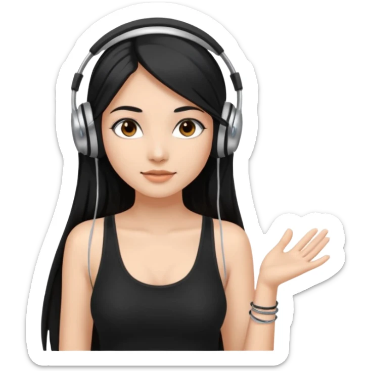 a fair indian girl with straight black long hair, wearing a black cami top. and wearing silver  headphones on sticker