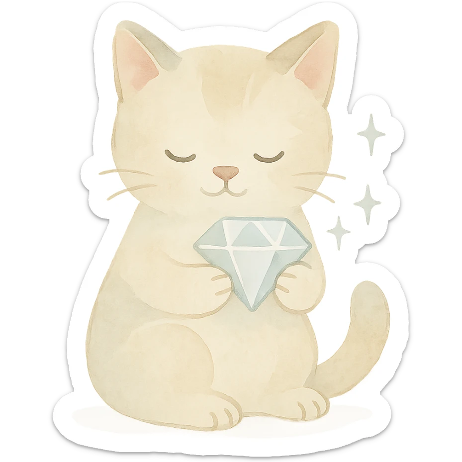 cute cat holding a sparkling diamond, watercolor style, soft colors, gentle shading sticker