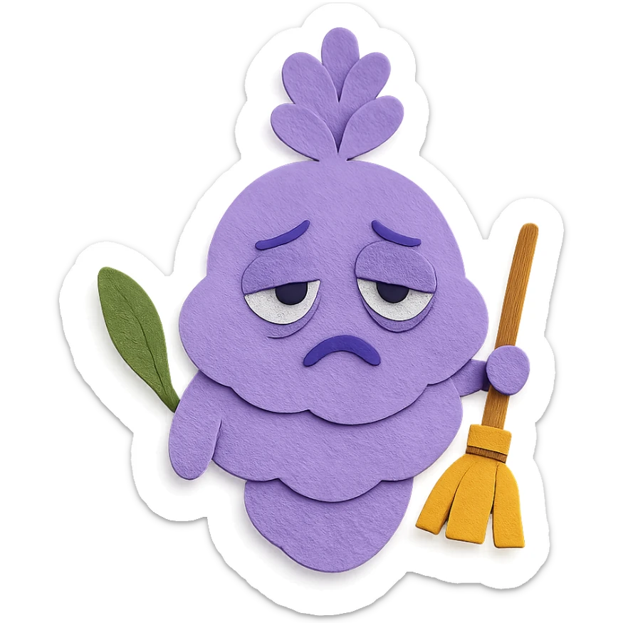 chubby lavender-colored lavender flower character with droopy eyes and a tired face, holding a tiny broom, paper-craft style sticker