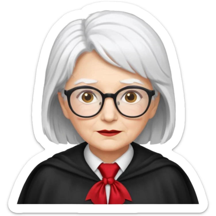 An older woman with glasses and white hair, in a red tie and black cape sticker