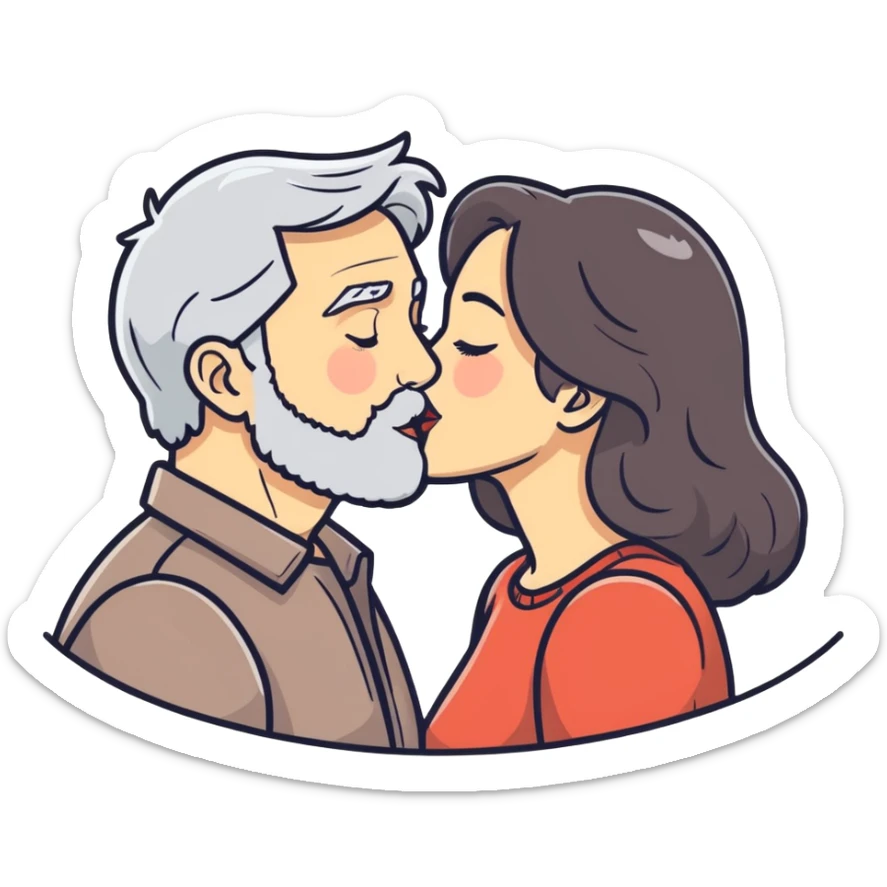Grey haired bearded man and pretty brunette woman kissing  sticker