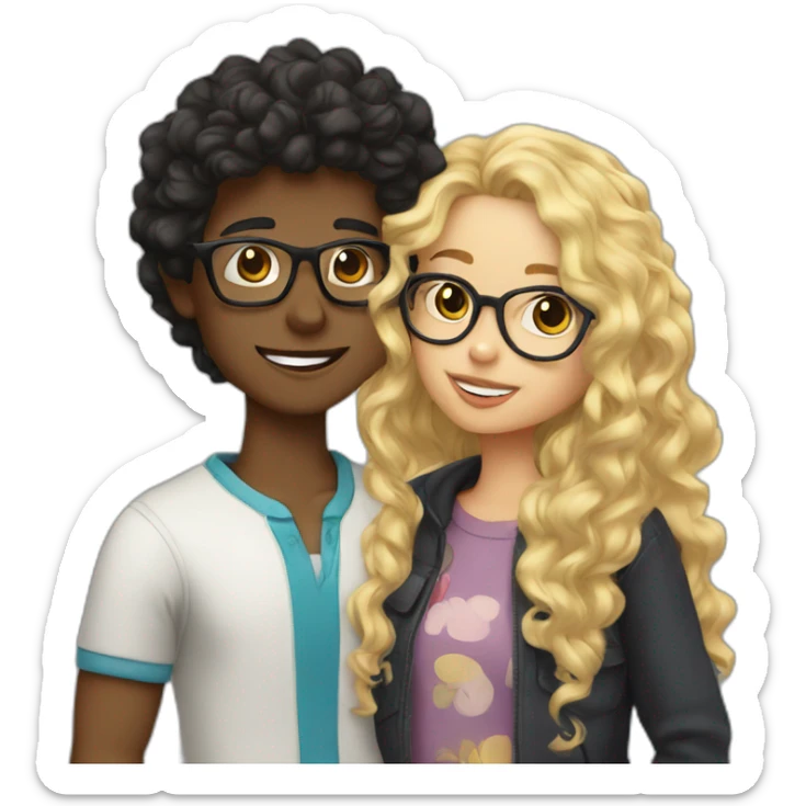 boy with curly blonde hair and glasses kissing girl with wavy black hair and glasses sticker