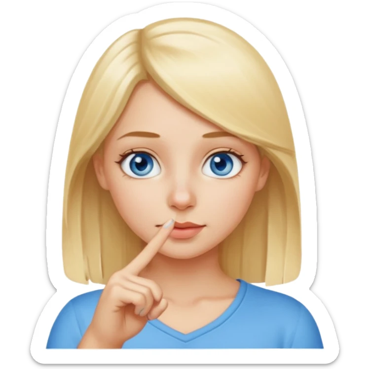 a blond girl with blue eyes putting a finger on the tip of the nose sticker