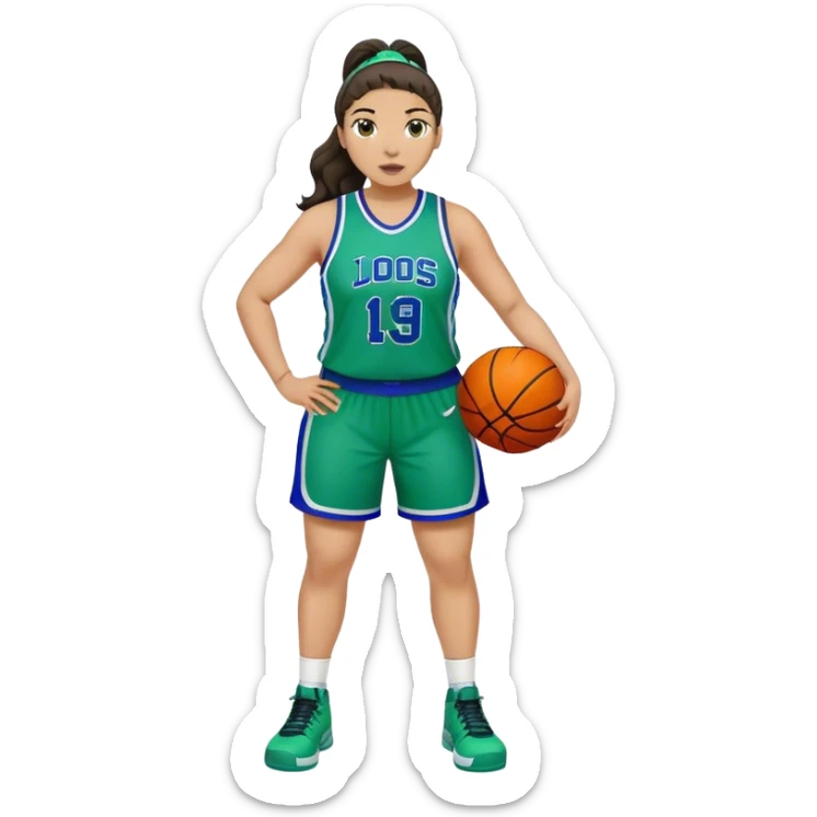 full body plus size light skin latino women basketball player with wavy dark hair in pony tail wide nose wearing blue with green uniform sticker
