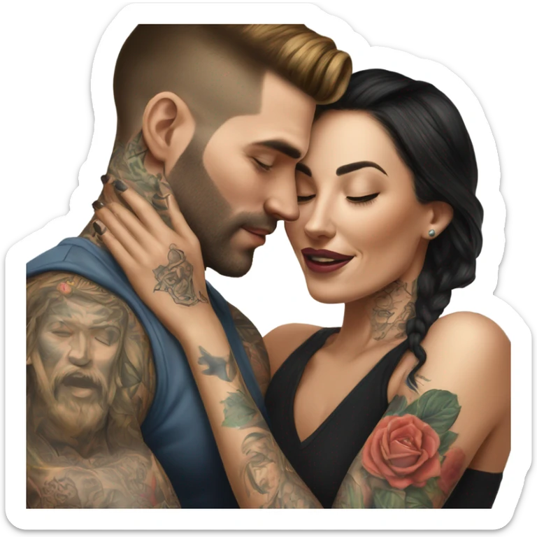 Hyper Realistic beautiful woman touching the cheek of a very handsome tattooed man sticker