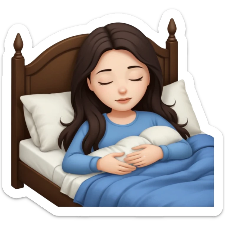 Mujer de pelo cafe oscuro y largo, y tez blanca. Ella duerme sola en su cama sticker
