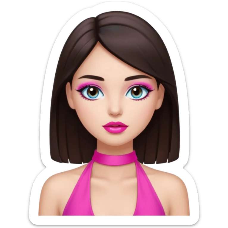 generate a pretty fair bratz girl with dark brown eyes, dark brown hair straight long. Wearing a hot pink halter neck top.  pink lipgloss. light blue eyeshadow sticker