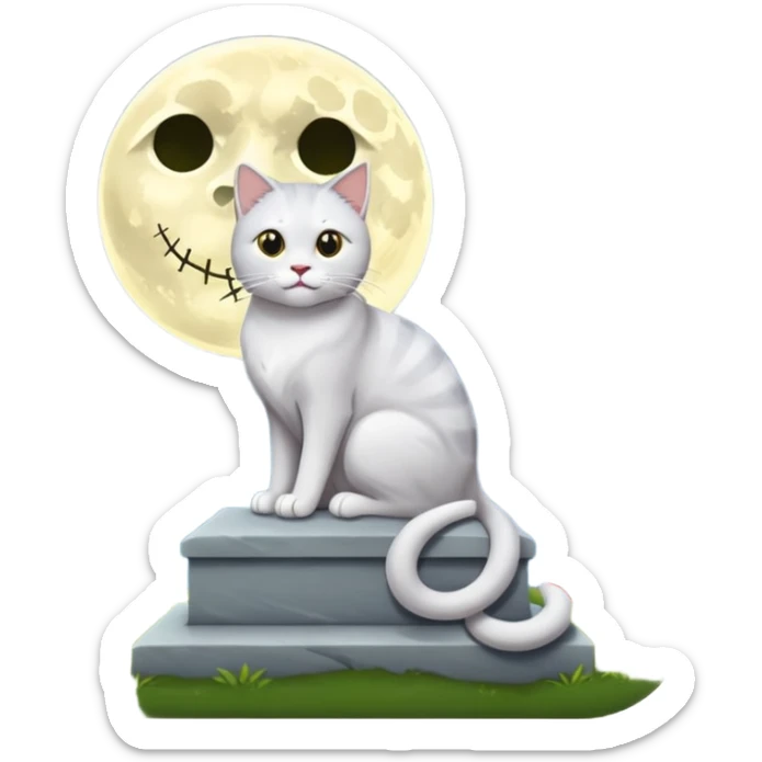 grau weiße Katze bei vollmond auf dem friedhof neben einem grabstein sticker