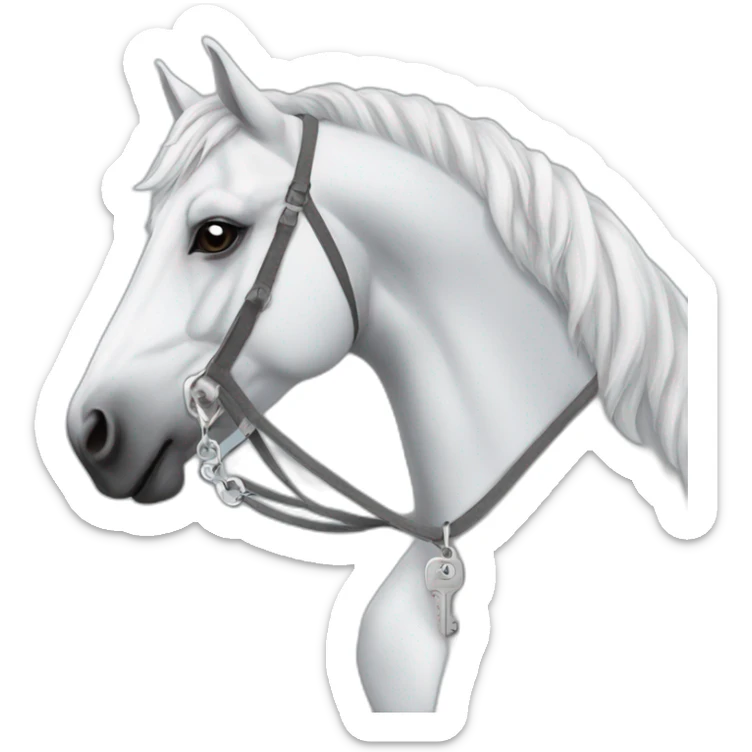 White stallion mustang wearing a grey key around the neck only necklace no mouth strap showing neck no lock sticker