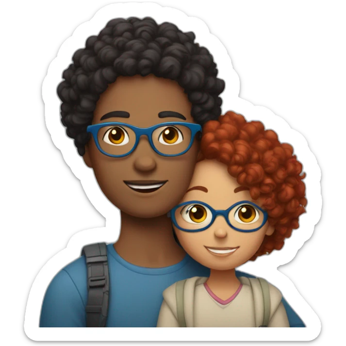 a girl with red curly hair and blue glasses hugging her black-haired son sticker