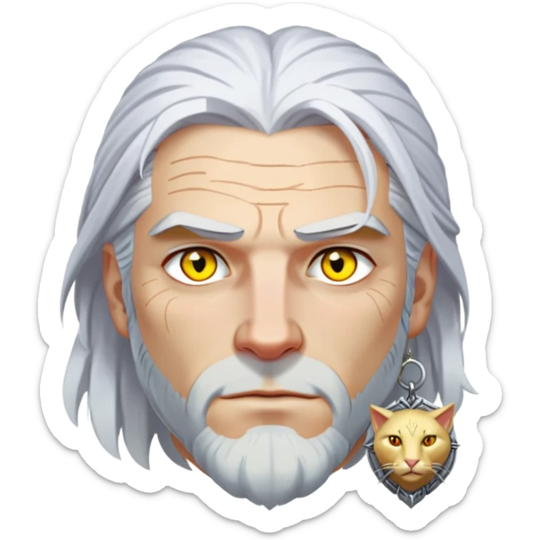 Geralt of Rivia with white hair, yellow cat eyes, and witcher medallion sticker