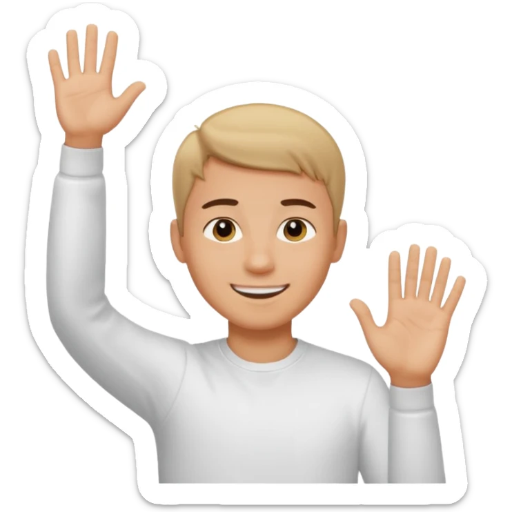 joven trigueño corte de pelo muy cortito polera blanca sonrisa bonita saludando mano arriba sticker