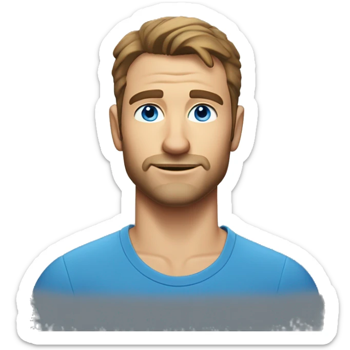 A head and shoulders shot of a 34 year old Caucasian man, with short brown hair, with stubble facial hair,   with blue eyes wearing a t-shirt. sticker