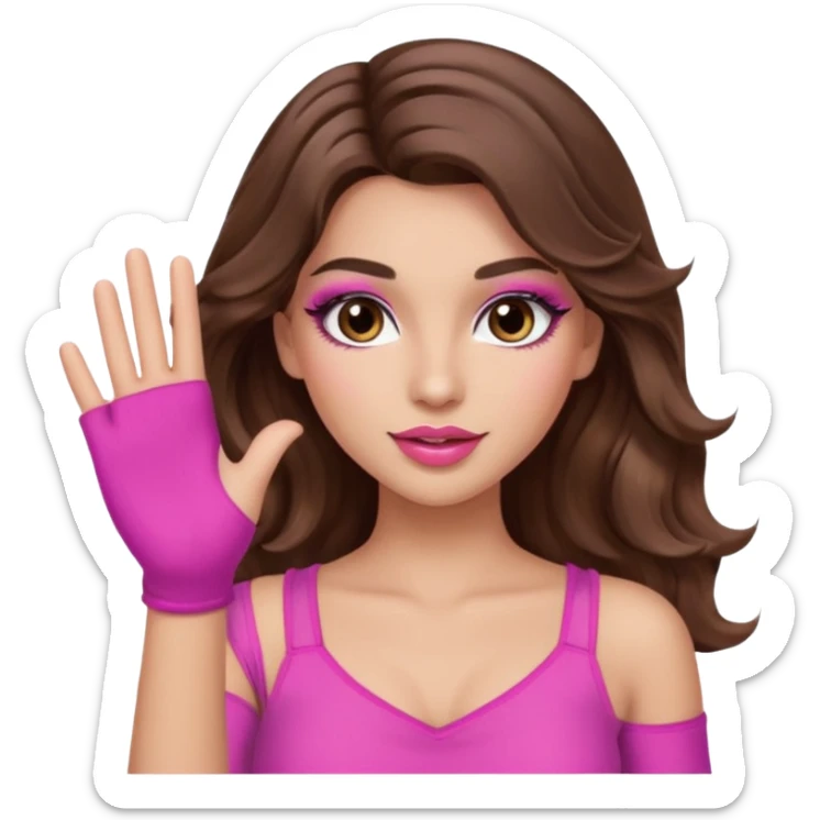 girl with long wavy brown hair, brown eyes, long lashes makeup, sexy pink lips, light to medium complexion, pink sexy top,waving sticker