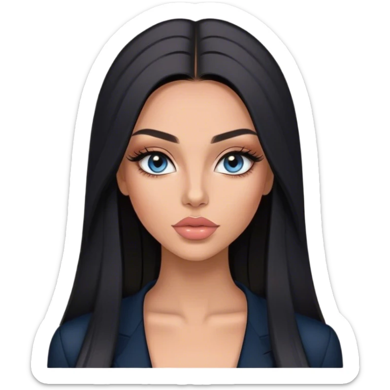 Glamours, tanned, very beautiful girl, with big pump peach-beige-rose lips, long long lashes, black straight smooth silky long hair, straight parting hair, blue-grey eyes in black clothes sticker