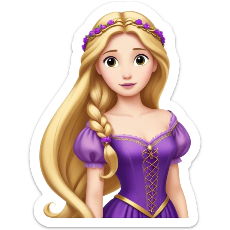 Cinematic Majestic Rapunzel Portrait Emoji, rendered in a clean, vector-style with bold, simplified shapes. Show Rapunzel with a serene, graceful expression, luminous fair skin, and elegantly styled long golden hair, accented by her classic purple gown. The design radiates a majestic, dreamlike glow with high shine and a soft glowing outline, embodying regal beauty. sticker