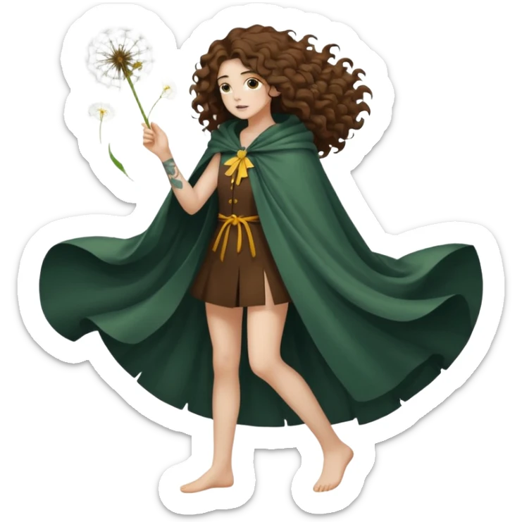full body woman long curly brown hair brown eyes white skin tattoos dandelion seed cloak blowing apart around her sticker