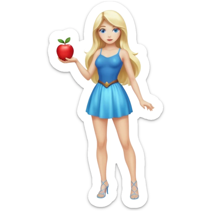 full body woman long blonde hair blue eyes white skin holding glowing apple like forbidden fruit sticker