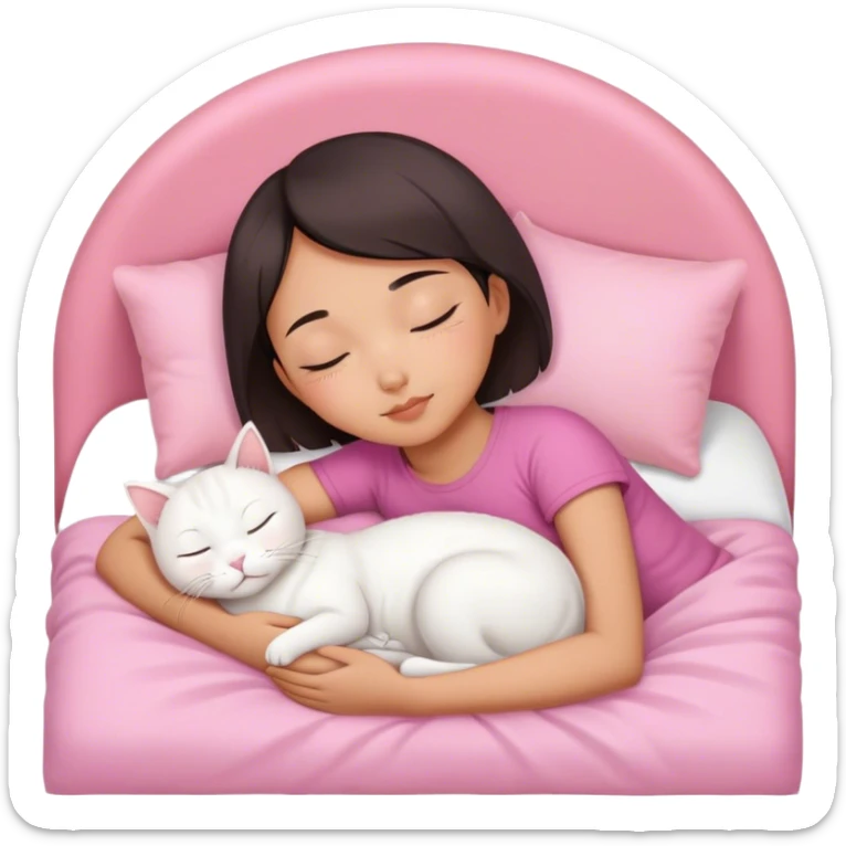 White cat sleeping with Asian girl short hair in pinky bed  sticker