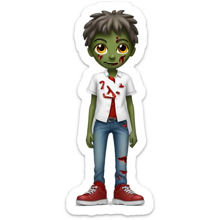 A Zombie With One Shoe On And One Shoe Off Named Zobie With A White School Shirt With Red Accents And With The Letter Z On It And Long Pants. | Photo 1 sticker