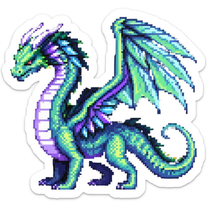fantasy wyrm, serpentine body, big wings, long tail, shimmering green, blue, and purple colors sticker