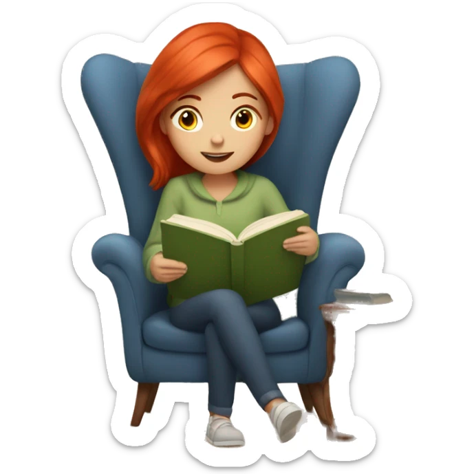 Girl with red hair reading in cozy chair sticker