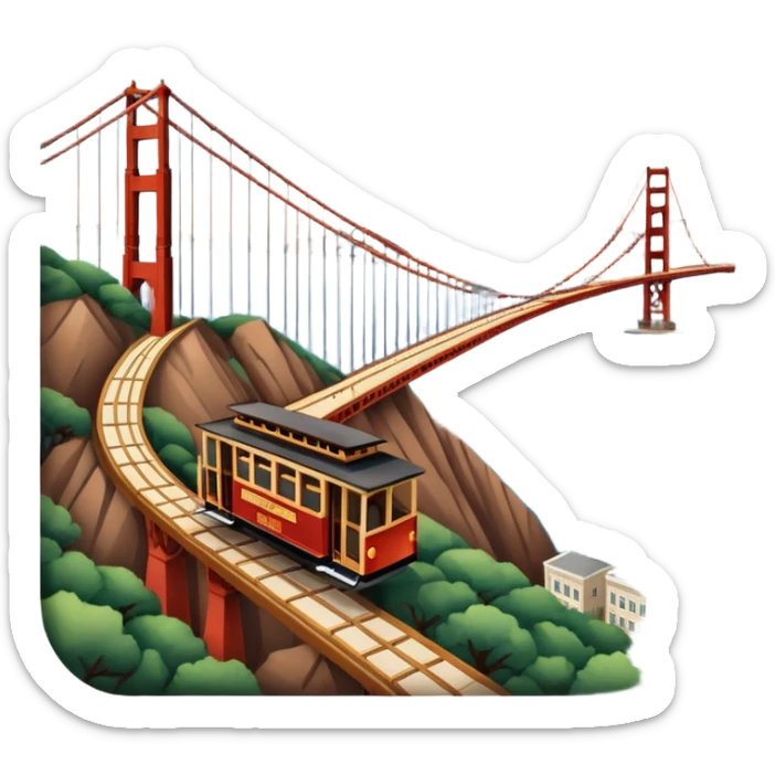 Make a full city of San Francisco with the Golden Gate Bridge in the background and a train car going up the hill sticker