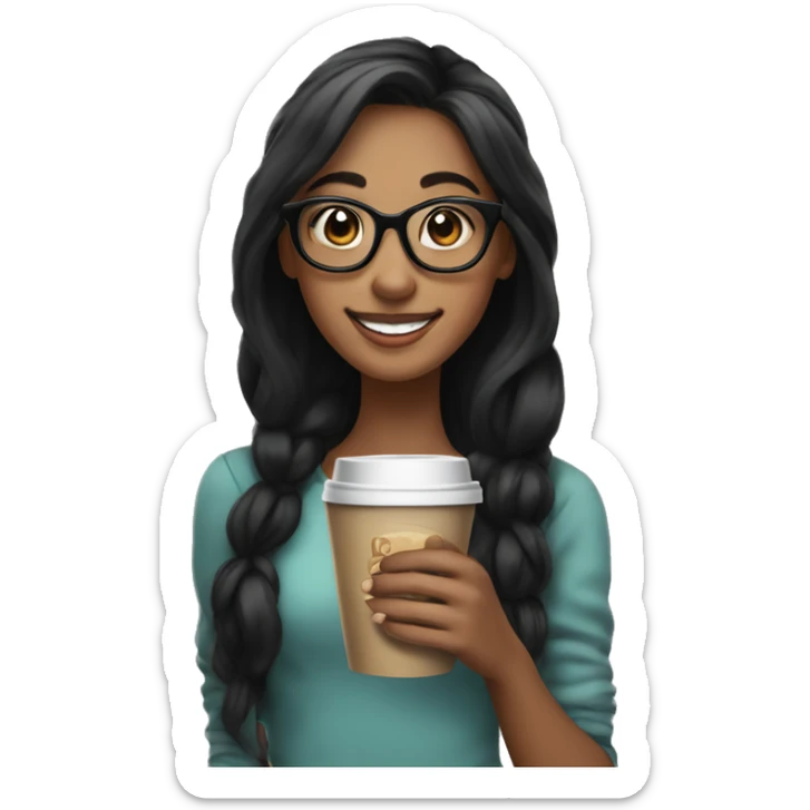 smiling girl with long black hair ponytail standing with a coffee in her hands big black glasses sticker
