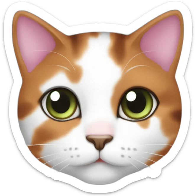 young calico cat face with a pink nose, white chin, green eyes, and orange/brown markings and little dark brown stripes sticker