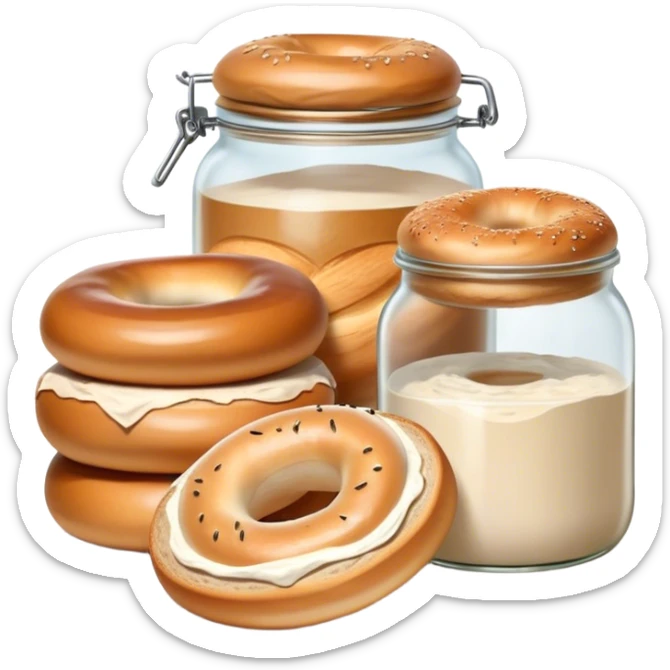 sourdough starter in a glass jar and a loaf of bread and a bagel sticker