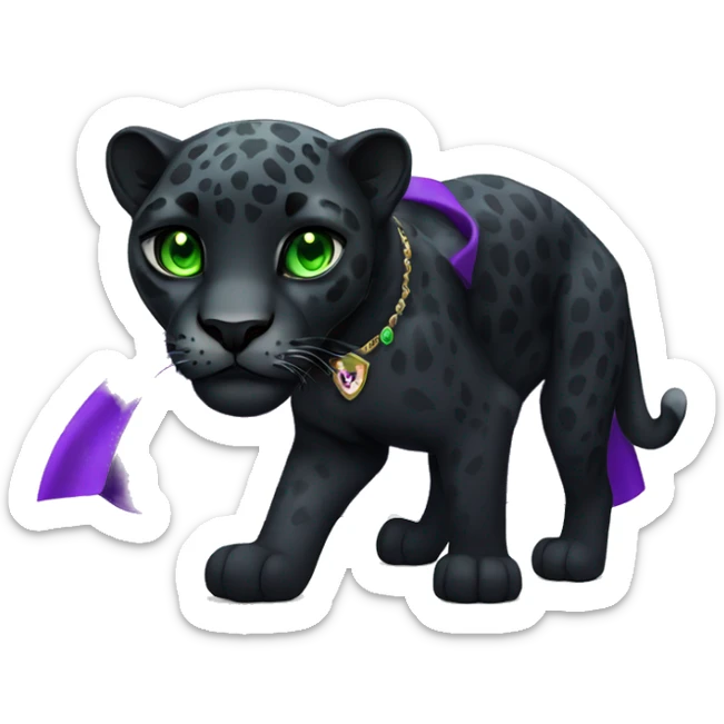 Adult black jaguar with green eyes and a cape with purple gemstones sticker