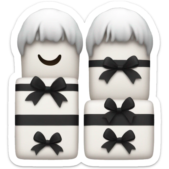 3 presents, 2 of them next to each other, than the biggest one behind them. And the present is white with a black ribbon  sticker