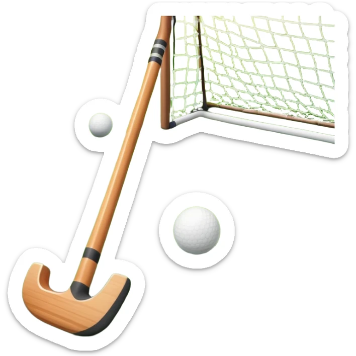 field hockey stick and ball on green grass field with goalposts in background sticker