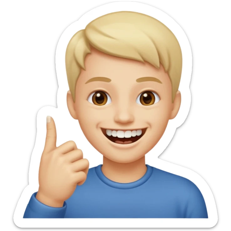 Con una sonrisa en la cara mientras muerde la punta del dedo indice en la boca son sus dientes sticker