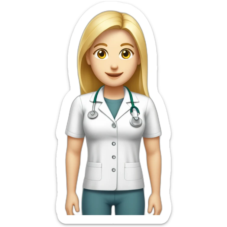 Crea un avatar de medio cuerpo de una nutricionista rubia con ojos grandes y de color gris, cara fina, pelo rubio y largo, ojos grises, uniforme blanco, no incluí ningún elemento médico  sticker