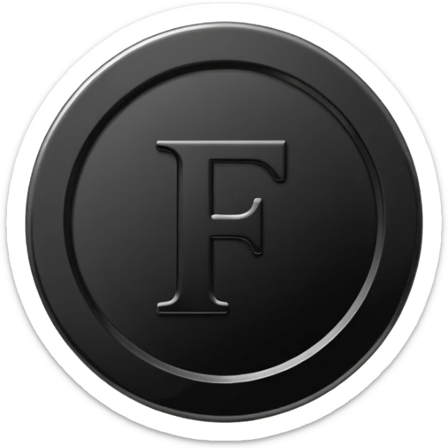 Emoji icon of a black coin with engraved letter F, minimalist style, isolated, no color sticker
