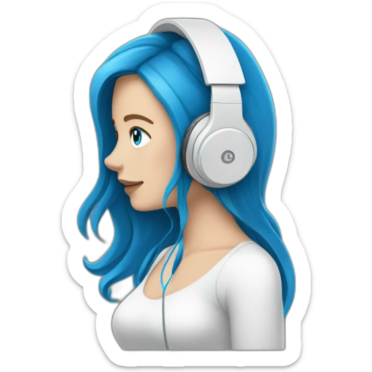 brunette white girl with long hair blue eyes listening to music with her phone in her hand with white wired headphones  sticker