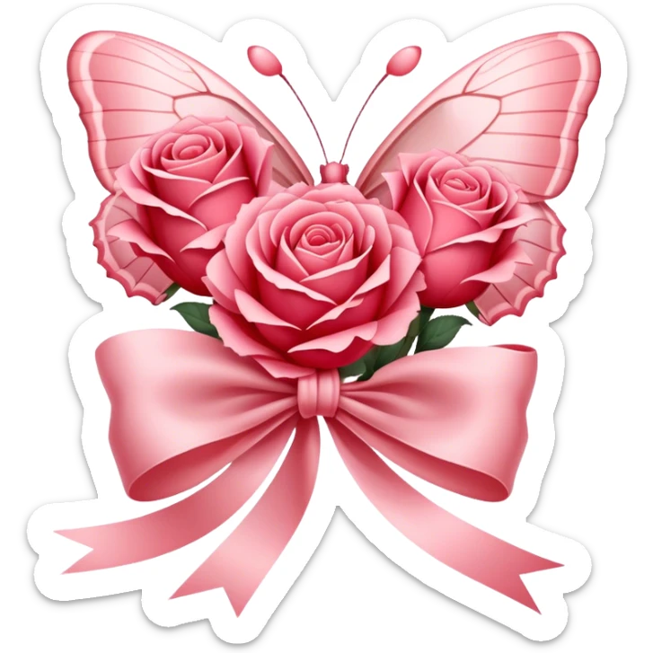 "Lush Blush Red roses wrapped in a silky Rose Quartz ribbon, their beauty enhanced by a fluttering Carnation Pink butterfly. The scene radiates romance and grace." sticker