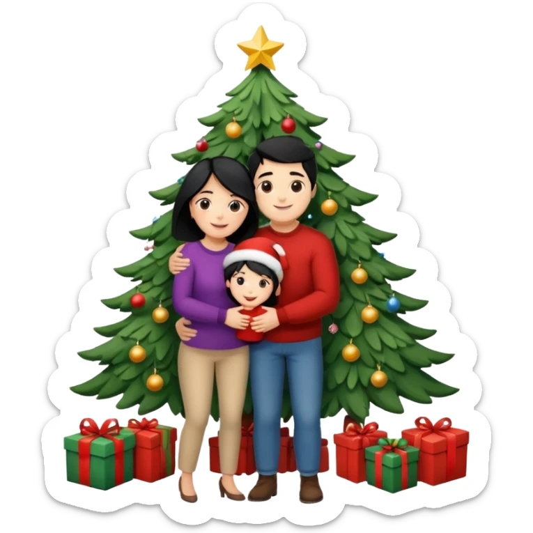 Generate Christmas-style emojis  family. Where light-skinned people stand near the tree all together, hugging and smiling. 2 girl should be Light-haired woman, 1 woman black-haired woman, and 1 man  sticker