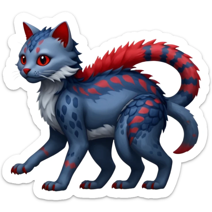 midnight blue-gray-black, with red markings, white belly, scaley scaly batty feline-like quadrupedal digitigrade furry feral Bastet-Noibat-Gatomon-Garchomp-Digimon-Fakémon-Pokémon-creature (full body) sticker