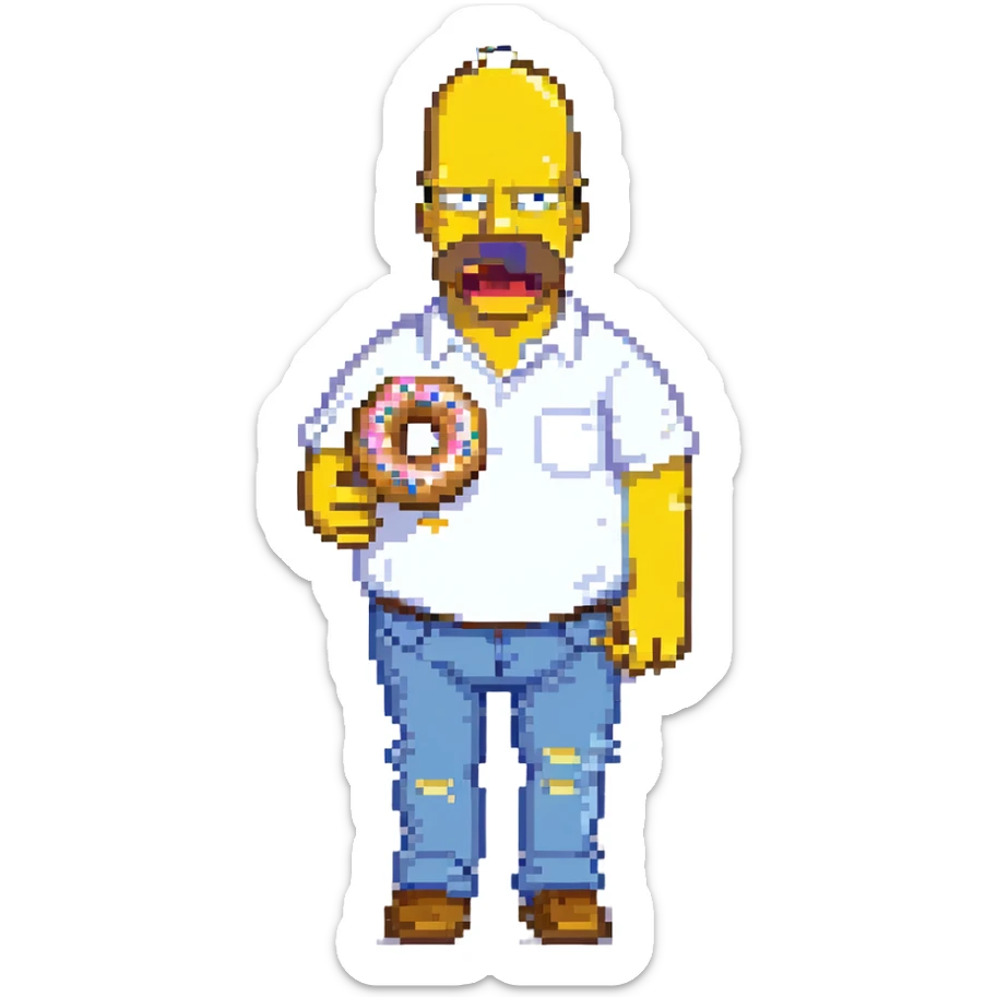 Homer Simpson pixel art style, yellow skin, white shirt, blue pants, bald with two hairs on top, eating a donut sticker