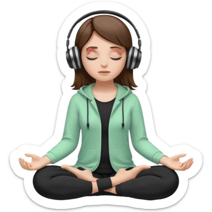 White girl, brown hair meditating with headphones on and black and pastel green clothes, eyes closed sticker