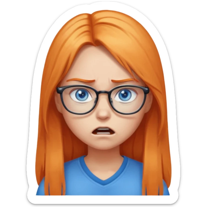 a girl with blue eyes, glasses and light orange long hair angry sticker
