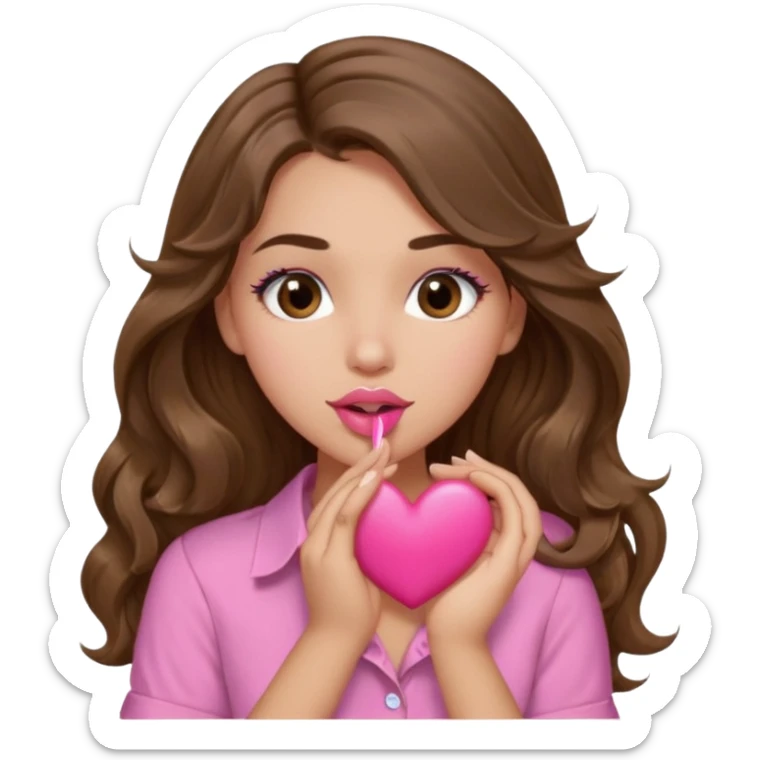 girl with long wavy brown hair, brown eyes, light to medium complexion, in a pink shirt, pink lips, long lashes, puckering up for a kiss, kiss lips and big heart in hand sticker